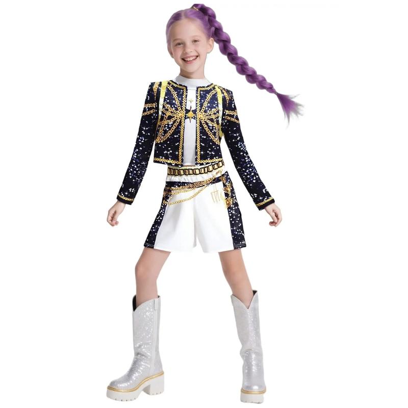 Girls K-Pop Rumi Mira Role Play Costume Set 3pcs Short Sleeve Crop Top Skirt Halloween Party Dress Up Clothes for Kids Comfortable Polyester Fabric Superstar Outfit