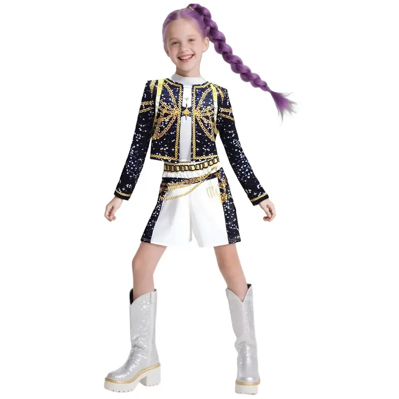 Girls K-Pop Rumi Mira Role Play Costume Set 3pcs Short Sleeve Crop Top Skirt Halloween Party Dress Up Clothes for Kids Comfortable Polyester Fabric Superstar Outfit
