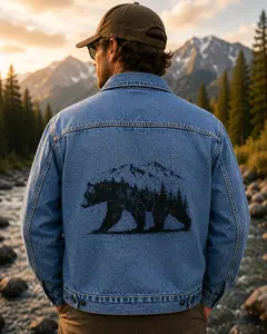 Ravenmark Supply Co Black Bear Denim Jacket | Mountain Bear Graphic Jacket | Western Denim Coat | Outdoor Jacket | Wildlife Apparel | Montana Inspired | Hiking Jacket | Camping Clothing | Rustic...