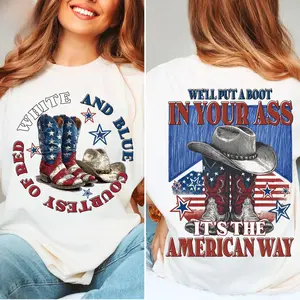 Patriotic Cowgirl Boots 2 Sided T-Shirt, Country Music Shirt, Red White Blue Shirt, Independence Day Gift, 4th of July Shirt, Western Cowgirl, USA Cowboy America