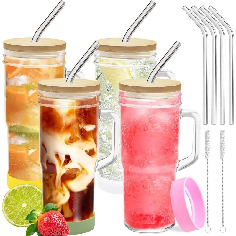 4-Pack 24oz Glass Tumbler Cups with Handle, Lids, and Straws - Mason Jar Drinking  Glasses for Iced Coffee, Smoothies, , Juice, and - TikTok Shop