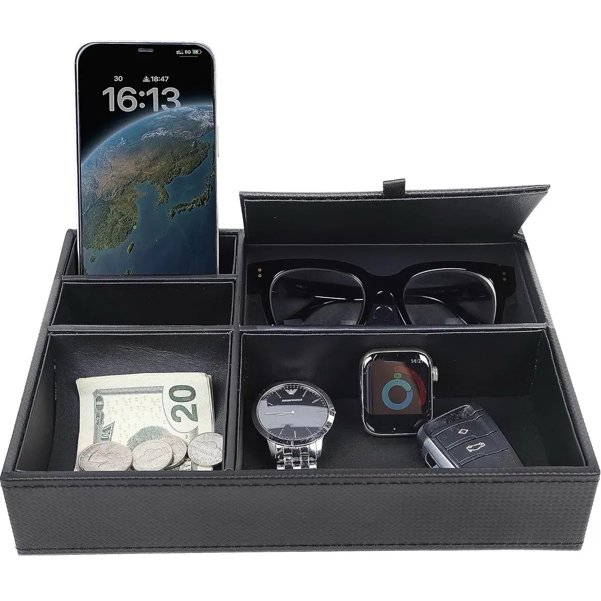Men's Valet Tray, Jewelry Box Nightstand Organizer with 5 Compartments for Phone Keys Wallet Watch Glasses, Faux Leather Dresser Entryway Catchall Holder for Father's Day Gift (Black) - TikTok Shop Men's Valet Tray, Jewelry Box Nightstand Organizer with 5 Compartments for Phone Keys Wallet Watch Glasses, Faux Leather Dresser Entryway Catchall Holder for Father's Day Gift (Black) - TikTok Shop