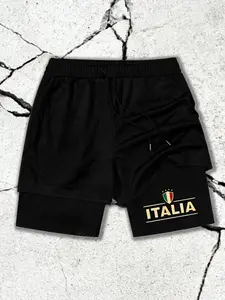 Men's Italy Flag Print Layered Gym Shorts, High Stretch Breathable Summer Training Pants, Casual Street Style Capri Shorts