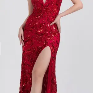 Belle Couture 9175 Full Zip Corset Dress with Deep V Cut and Leg Slit Red Sequin Pattern Strapless Size 18 Custom Handmade Formal Party Zipper Womenswear