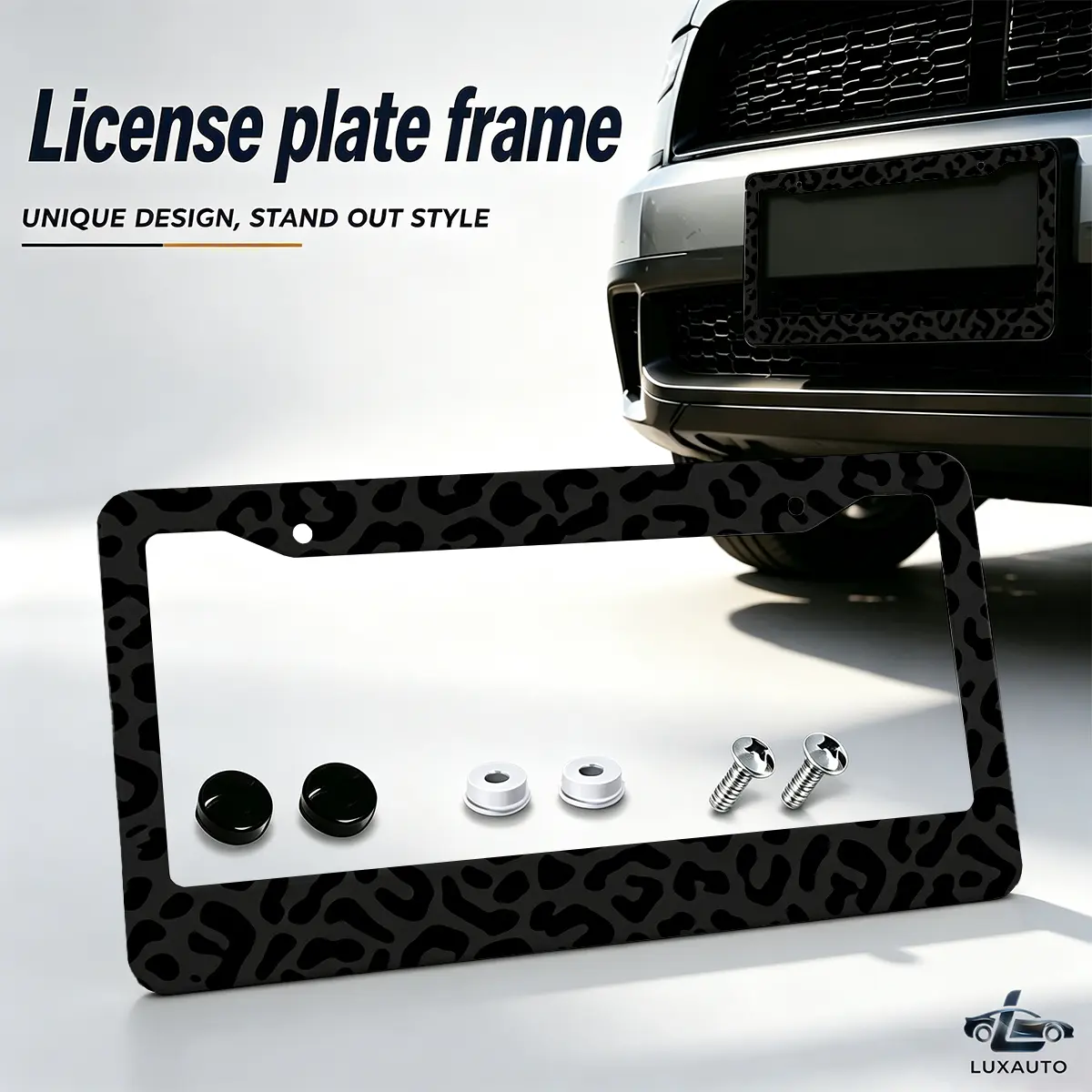Black Leopard Print Decorative Aluminum License Plate Frame, Universal 12.2 x 6.3 Inch Car License Plate Holder with Screws & Caps, Rust-Proof Metal License Plate Cover, Car Accessories for Women & Men