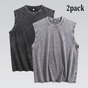 2PACK Mens Workout Tank Tops Sleeveless Tee Shirts Men Muscle Shirt Gym Acid Wash T Shirts Running Beach Loose Fit Tee