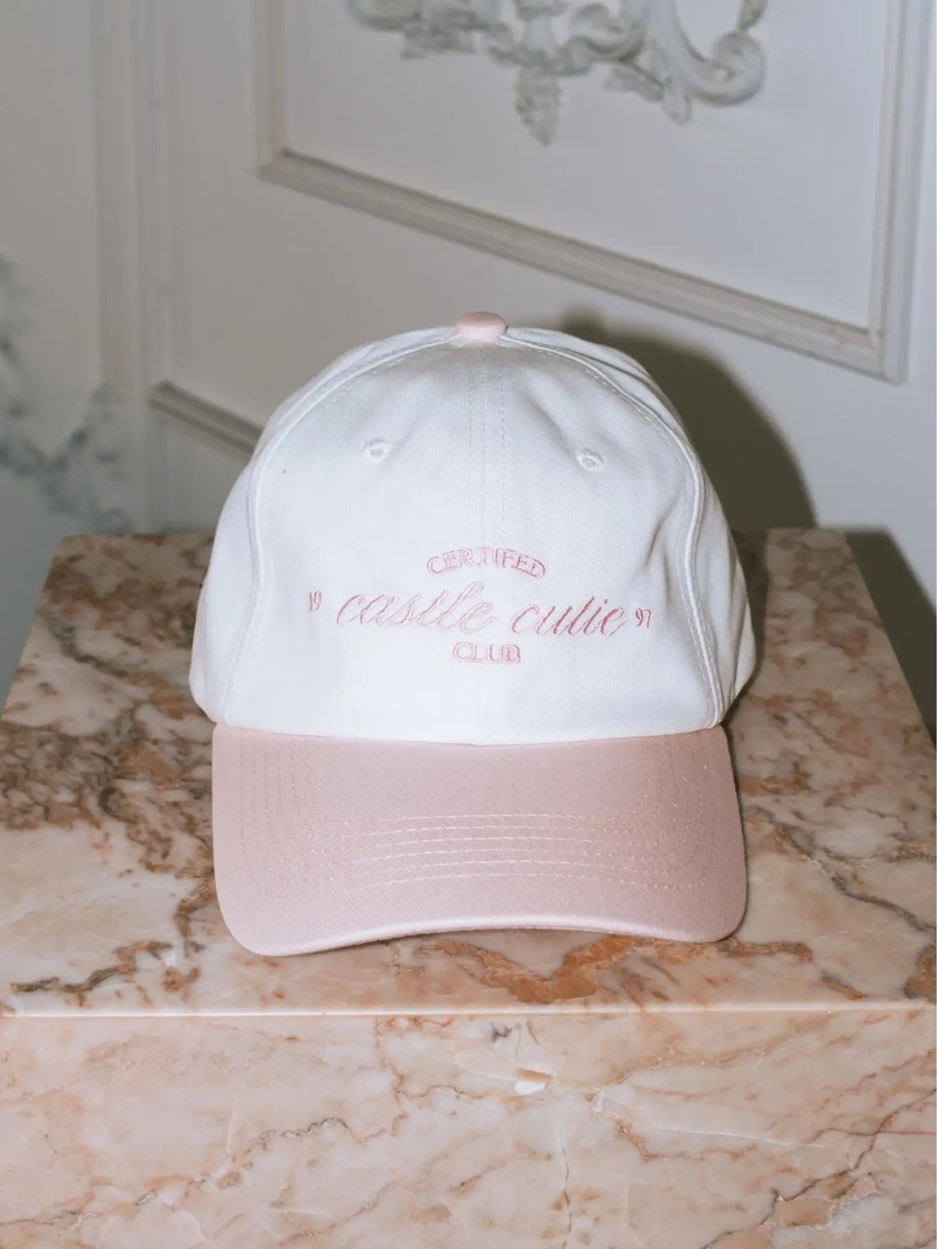 1997 Baseball Hat | cream pink embroidered outdoor sports hat cap fashion accessory bow