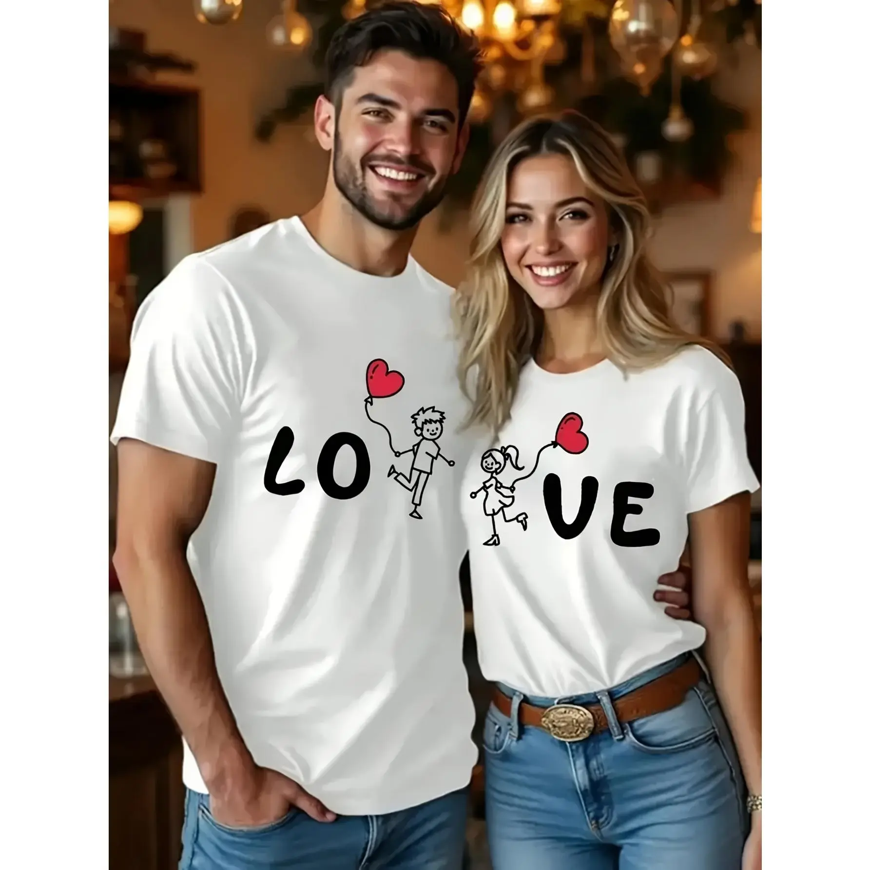 His & Hers Matching Couple Irregular Geometric Cartoon LOVE Split Print T-Shirt 100% Cotton Soft Breathable Regular Fit Crew Neck Short Sleeve Spring Summer Daily Wear Date Nights Romantic Gifts Machine Washable Sizes S-3XL
