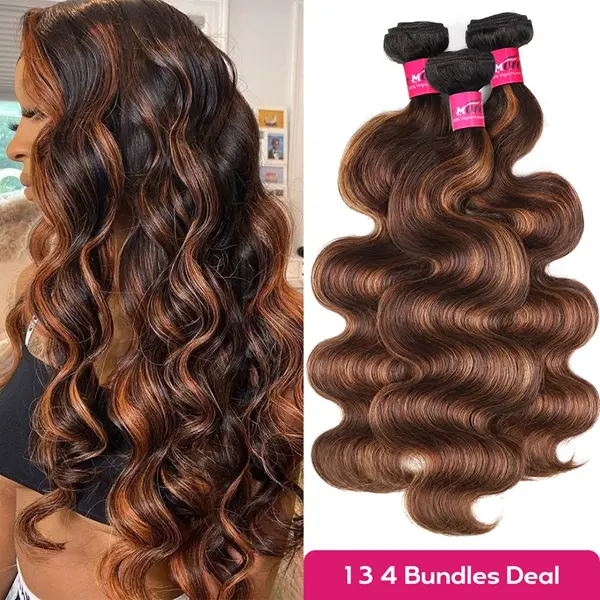 FB 30 Brown Highlight Body Wave Bundles Ombre Colored Human Hair Weave P4 27 Brazilian Hair Weave Bundles 1 3 4 PCS Quick Weave Extensions #TikTokShopBackToSchool#DealsForYouDays#SummerWins