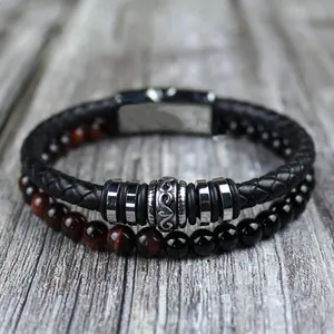 Men's Natural Black Obsidian Royal Tiger Eye Gemstone Cross Leather Braided Bracelet Stainless Steel 8INCH Magnetic Buckle Bangle