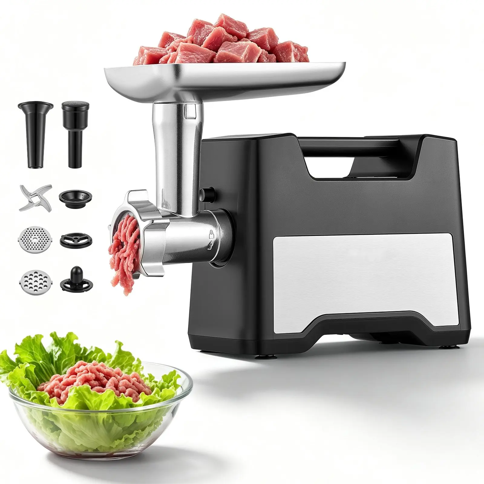 Electric Meat Grinder, 3.3-4.4 Lbs/Min, 1200W Max Power, #5 Home Meat Mincer with 2 Grinding Plates, Sausage Stuffing Tube, Kubbe Kit, 300W Stainless Steel Sausage Maker for Home Kitchens