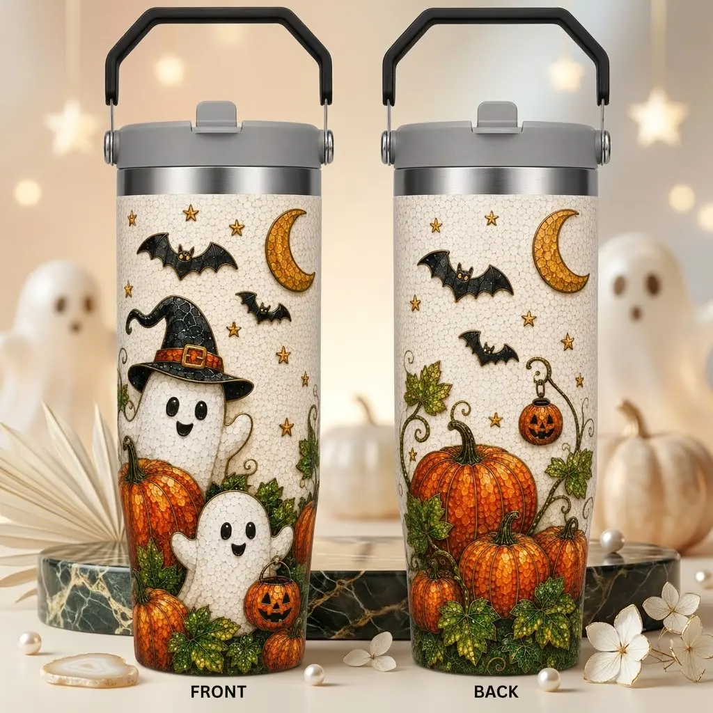30oz Stainless Steel Insulated Halloween Tumbler with Handle, Lid, Straw - Ghost, Pumpkin, Bat Designs, Spooky Fall Gift for Women, Insulation