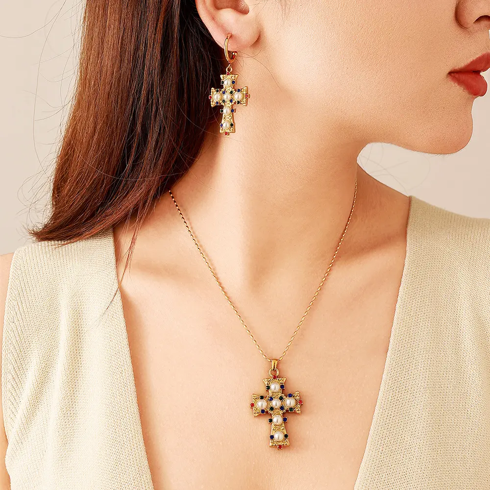 Women's 18K Gold Plated Stainless Steel Cross Pendant Heart Locket Necklace - Vintage Retro, CZ Zircon & Pearl Inlaid, Waterproof, Hypoallergenic Nickel-Free, Tarnish-Resistant, Bling Effect Stylish Accessories, Birthday Anniversary Gifts