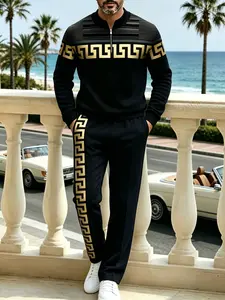 Men’s new two-piece athletic set with a half zip, featuring 3D digital print and Greek wave pattern, casual everyday wear