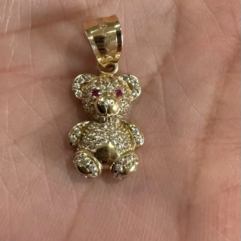 Gold 14k Teddy Bear Pendant with Ruby Eyes and Diamond Accents for Women's Jewelry