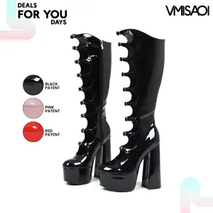 Goth Knee High Boots for Women Round Toe Chunky Block High Heel Buckle Straps Side Zipper Combat Party Punk Rave Concert Trendy Gothic Long Boots Deals For You Days