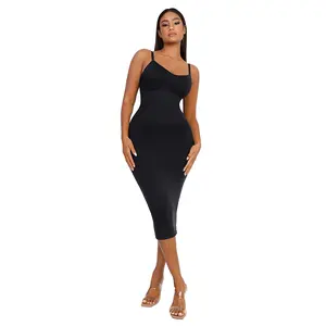 FeelinGirl Seamless Spaghetti Strap V-neck Maxi Built-in Shaper Dress tts Basic Casual Comfortable Womenswear