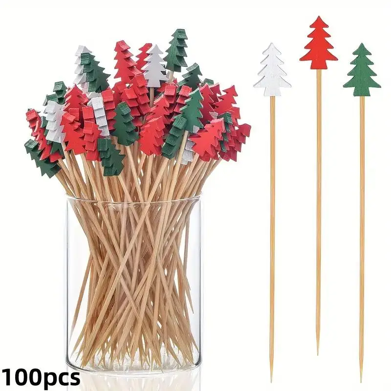 Christmas Tree Design Fruit Stick, 100pcs/set Disposable Bamboo Toothpick, Multi-functional Bamboo Toothpick for Appetizers, Cupcakes, Party Decoratio