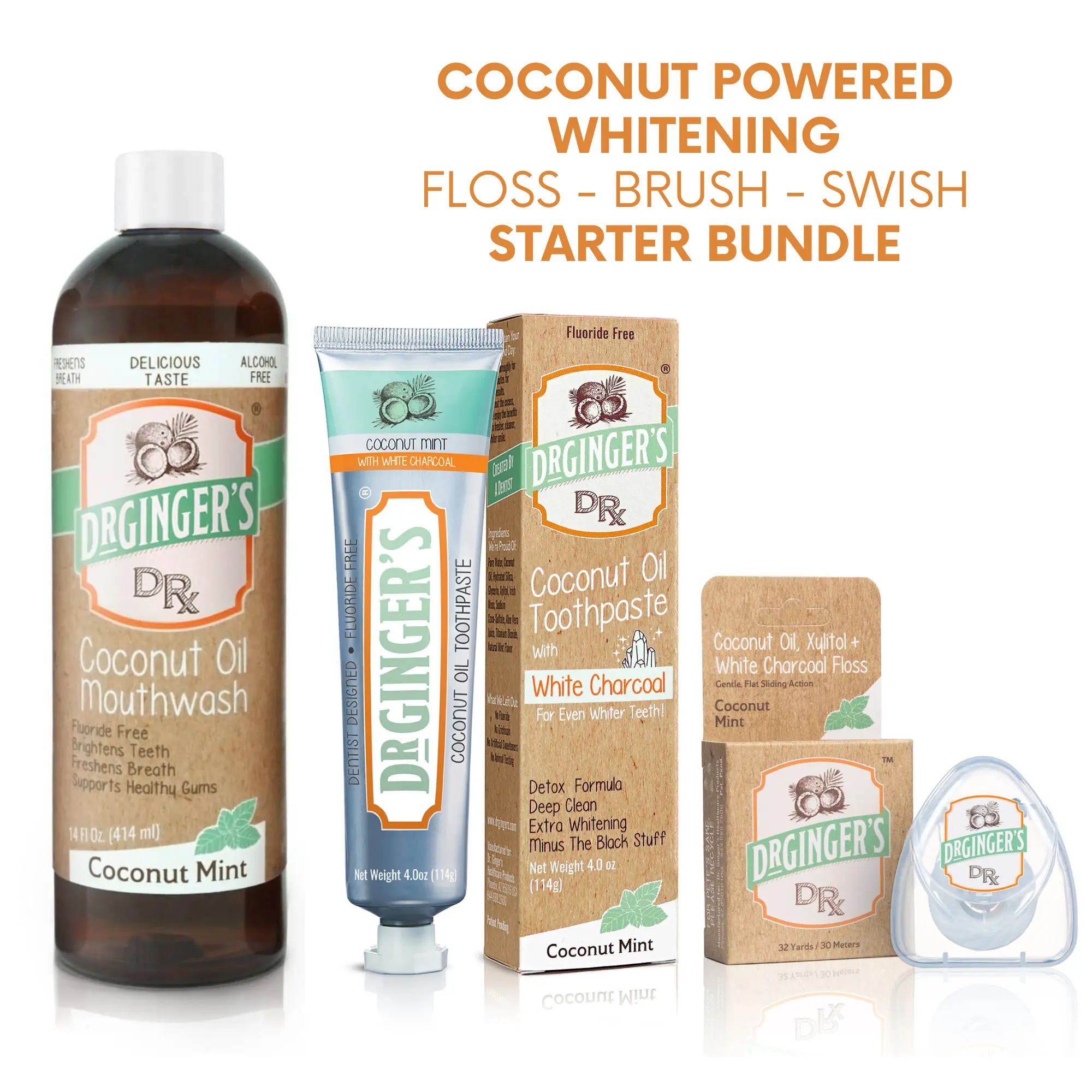 Dr Ginger's Starter Whitening Bundle | 3 Step, Floss, Brush, & Swish, Oral Care Starter Kit with Whitening Floss, Toothpaste & Coconut Oil Mouthwash for Whiter Teeth, Fresh Breath, and Whole Mouth Wellness, Organic Coconut Oil, Activated White Charcoal