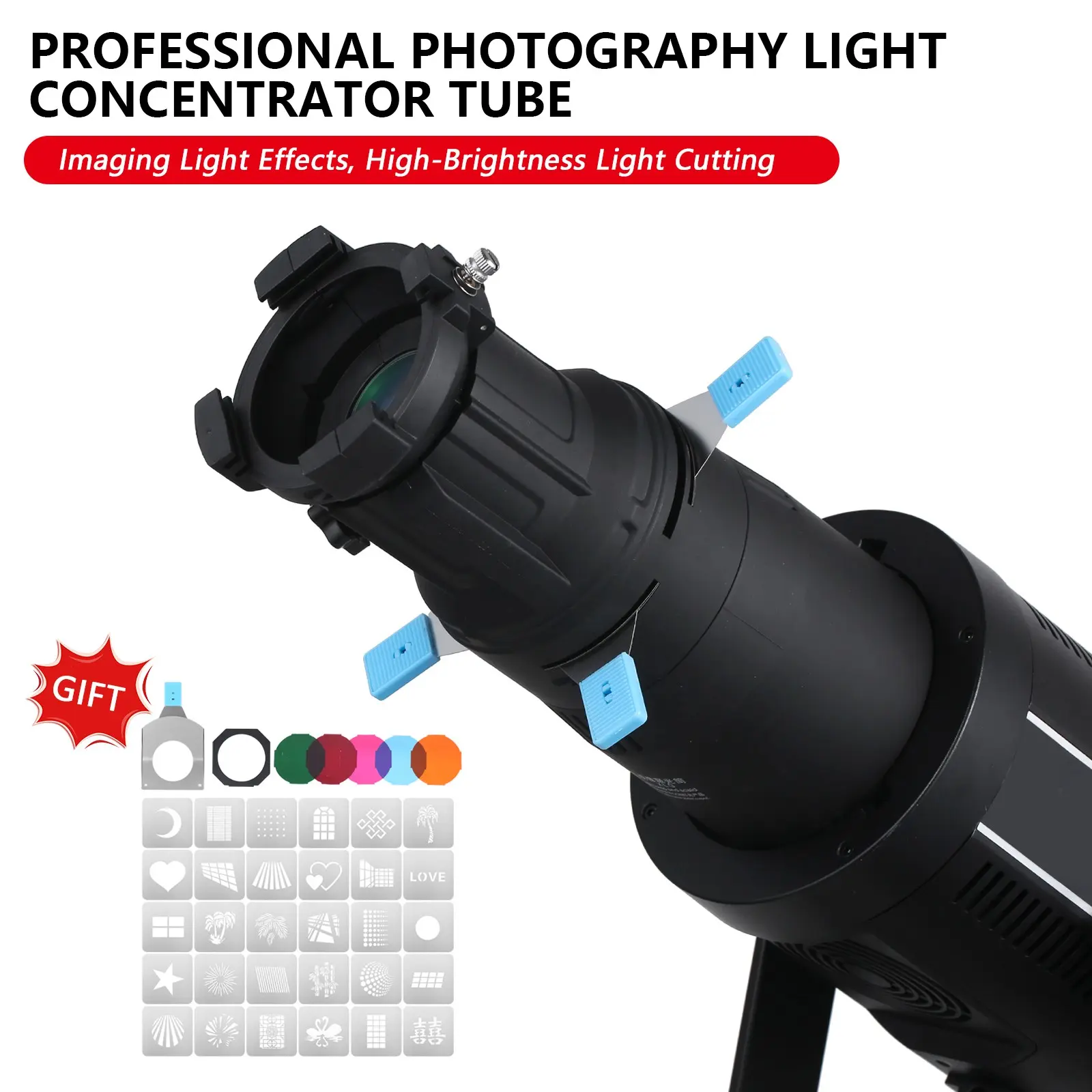 Bowens Mount Gobo Projector Kit with 5 Color Filters and 30 Patterns, Compatible with Aputure Amaran Godox Sl60, Studio Lighting Tool, Lighting Accessories