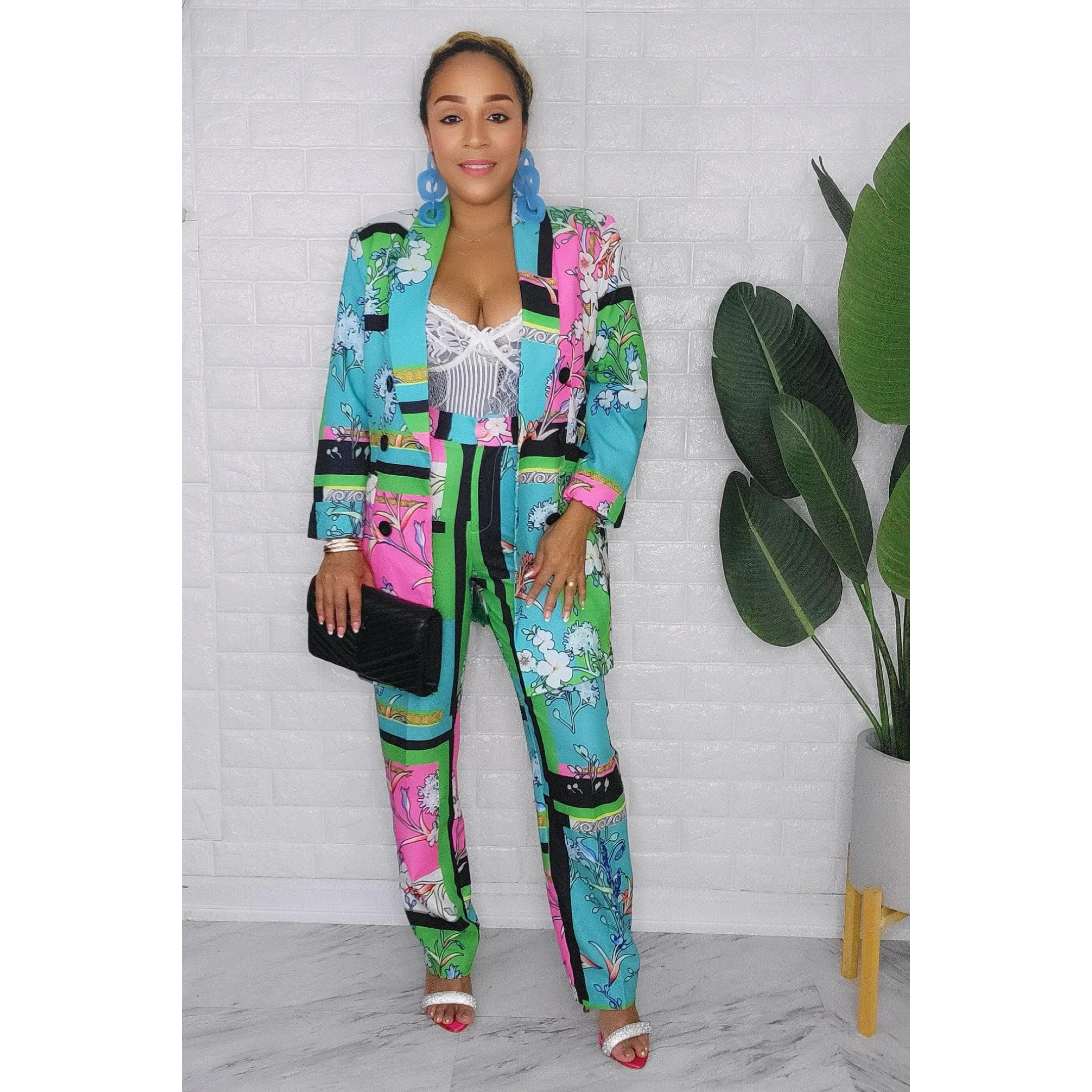 091223 The Blue/Green Florals European Angles Length Pant & Blazer set