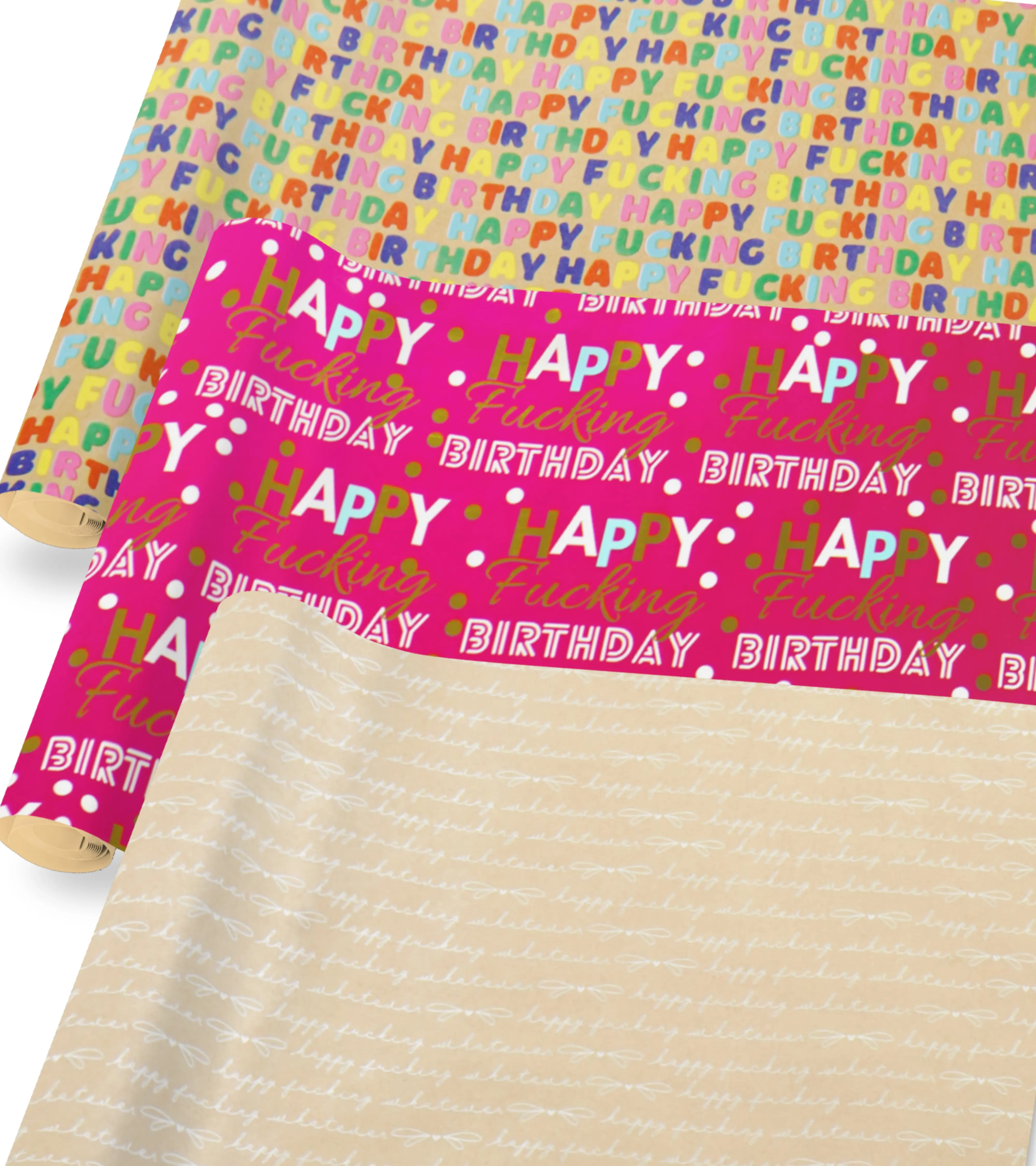 Funny Adult Wrapping Paper Mini Rolls – 3-Pack with "Happy F*cking Birthday" & "Whatever" Designs, Thick 17” x 10’ Rolls, 42.5 Sq Ft Total