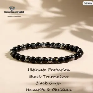 Ultimate Protection Bracelet Black Tourmaline Gold Sheen Obsidian Onyx Hematite 6MM Round Bead 6.3-8In Stretch Spiritual Healing Jewelry