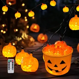 Halloween Pumpkin String Lights with Pumpkin Candy Bucket, 30 LED 16.4Ft, 8 Modes Timer Waterproof Orange Jack-O-Lantern, Outdoor and Indoor Halloween Decorations Kimiangel