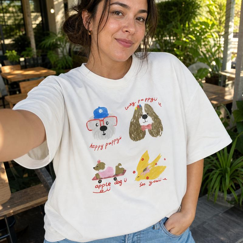 Cute Hand Drawn Puppy Graphic Women's 100% Cotton Tee Whimsical Doodle Dog Everyday Shirt