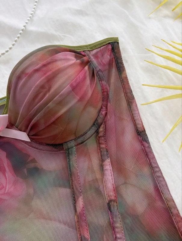 Soleia Watercolor Tie Dye Bow Tie Elastic Mesh Ruched Bustier