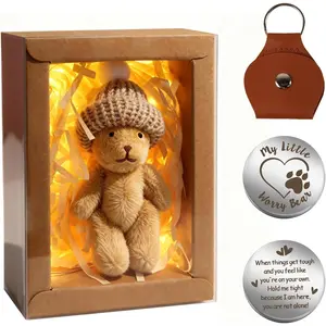 Mini Worry Plush Bear in Box with Hat - Positive Little Plush Bear Set with LED Light  Raffia - Pocket Bears Hug for Family   - Easter Gifts for Men Women