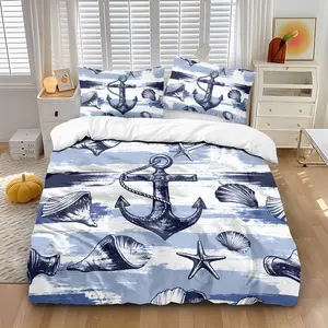 3-piece quilt cover set (1 quilt cover +2 pillowcases, coreless) retro ink style sailing boat anchor blue and white stripe shell starfish conch print soft and comfortable bedding, suitable for all rooms