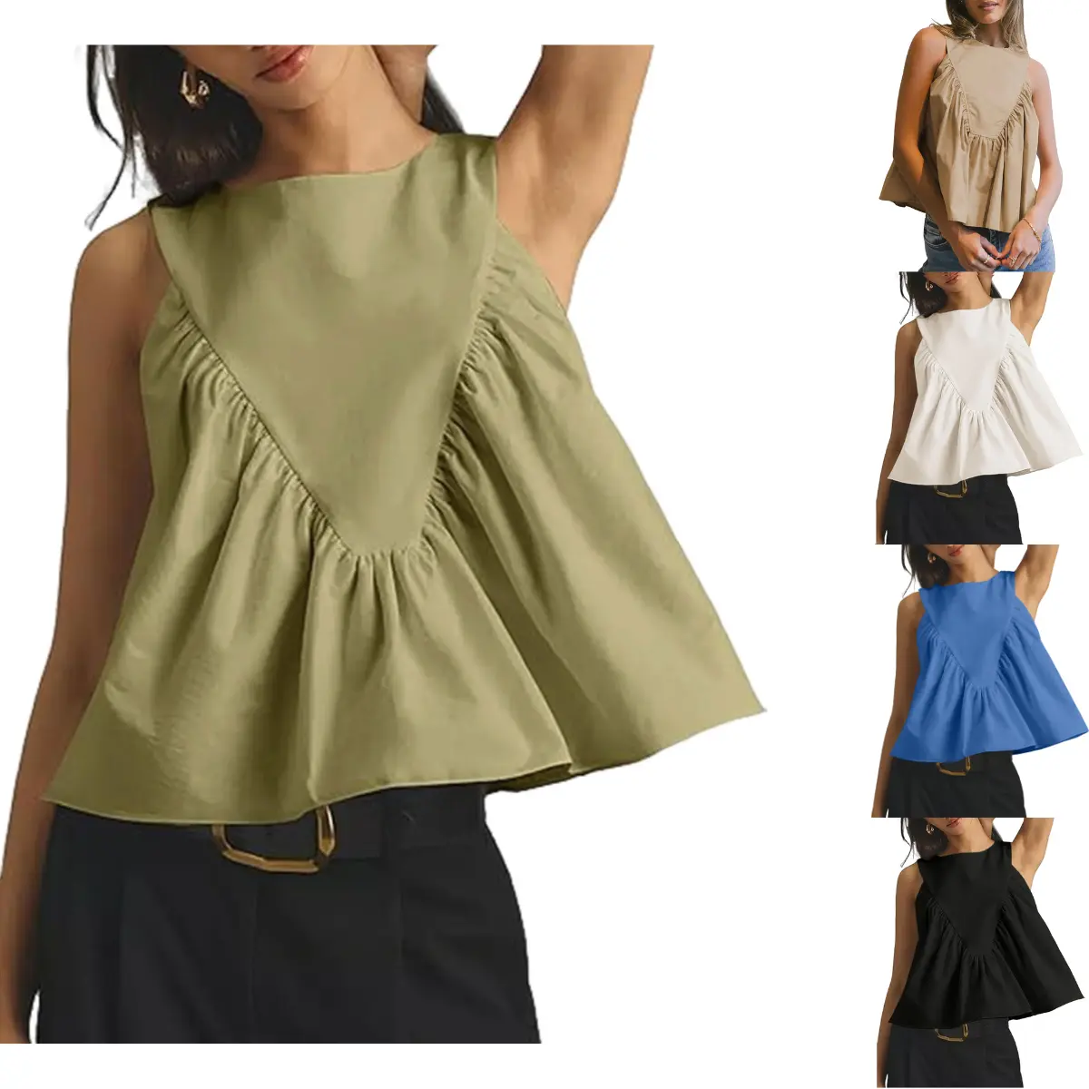 Molitree Womens Sleeveless Peplum Top Swing Tank Loose Fit Back Button Casual Blouse Ruffled Shirts Summer Soft