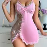 Women's Floral Embroidery Contrast Mesh Sheer Sleeveless Cami Sleepwear Nightdress, Adjustable Strap Bow Front Cut Out Backless V-Neck Nightgown, Women's Sexy Lingerie, Costume Nightwear