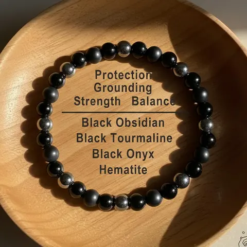 Sofia Energy Protection Natural Crystal Bracelet - 6mm Black Gemstone, Stretch Cord, Boho Style, Healing, Daily Wear, Handmade Gift for Her/Him (Jewelry Accessories), Energy Protection Natural Crystal Bracelets & Anklets, Crystals Bracelets, Pretty Bracel