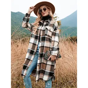 Women's Colorblock Plaid Print Button Front Drop Shoulder Split Side Coat, 3/4 Long Sleeve Collared Outerwear for Fall, Ladies Clothes for Daily Wear,  Womenswear, Women's Fall Clothes, Spring Clothes, Spring & Fall Outfits, Downtown Girl Clothes Tops
