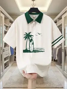 American College Style Colorblock Collar Polo Shirt, Simple Rose Line Print Short Sleeve T-Shirt, Loose Trendy Top, Summer New Arrival, Casual