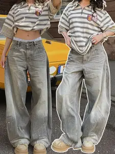 2026SS American Casual Vintage Y2K Women's Grey Loose Wide-Leg Structured Denim Jeans, Washed & Distressed with Ink Splatter Detail