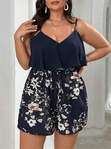 【Plus Size】 Floral Print Spaghetti Strap Cami Romper, Boho Casual Romper for Beach Holiday Vacation, Women's Summer Clothes, Womenswear