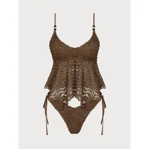 SAMIOL Coffee Beaded Crochet Wave Cut Tankini Set Slim Fit Push Up Swimwear High Waisted Breathable Soft Fabric Beach Swimming Suits Retro Style Seaside Leisure Swim Costume All Season Beach Wear