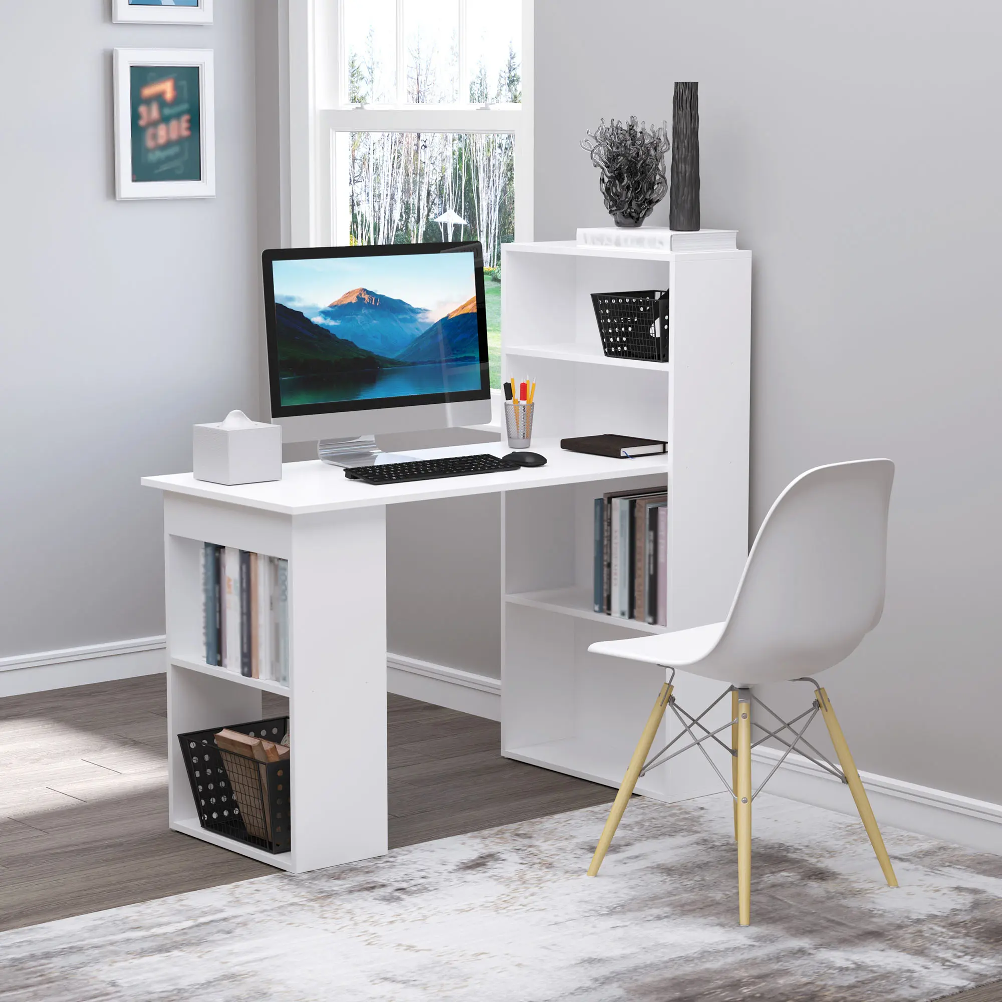HOMCOM Modern Home Office Desk with 6-Tier Storage Shelves, 47" Writing Table with Bookshelf