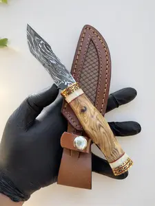 Damascus Steel Knife with Burl Olive Wood handle | Skinner knife | Bone spacers | fiber liners | Handmade
