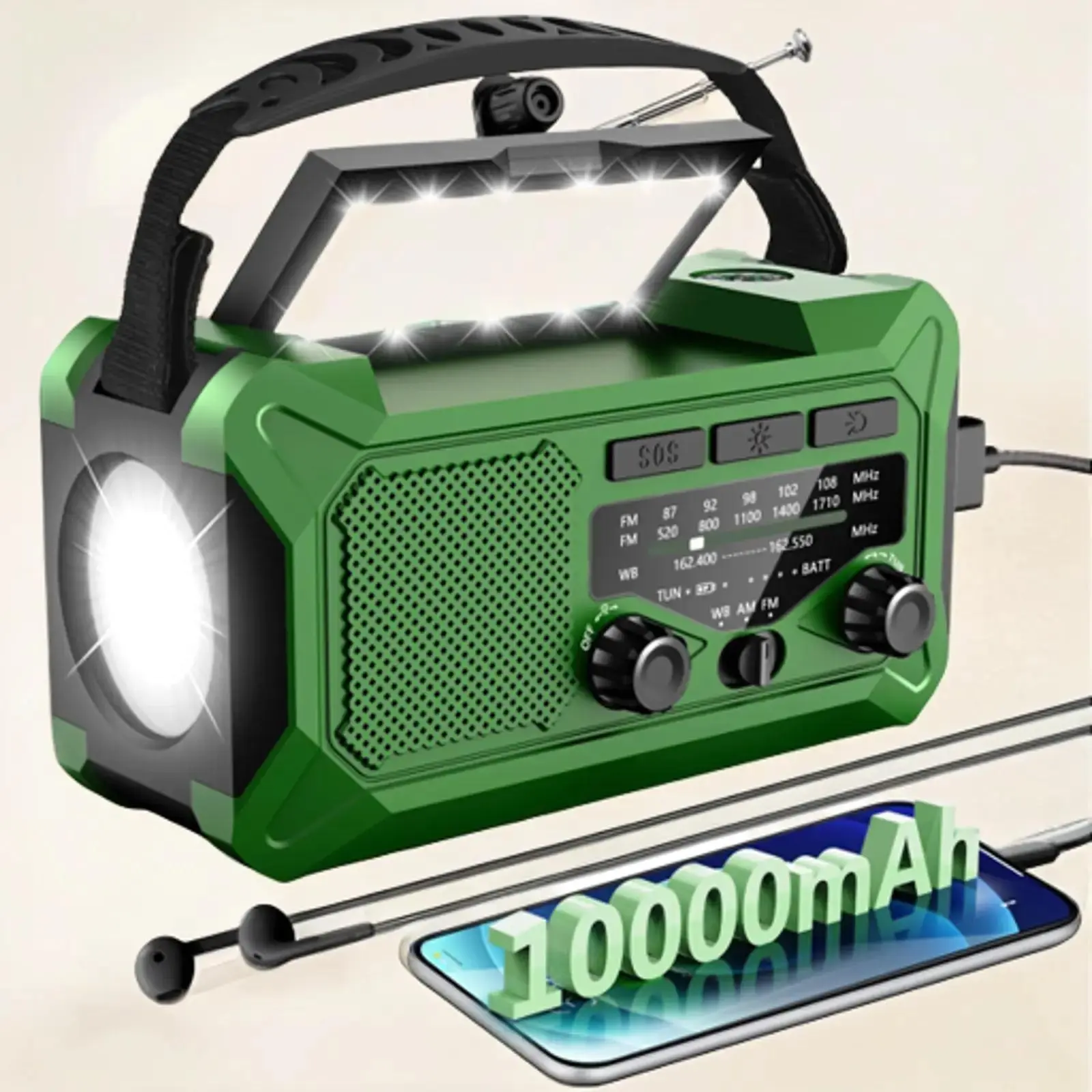 10000mAh Emergency Hand Crank Radio with LED Flashlight, AM/FM NOAA Portable Weather Alert Radio, Solar Powered Radio with Phone Charger, USB Charged, SOS Alarm, Compass for Outdoors Audio Button emergency crank radio