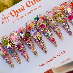 STILETTO 3XL length - girly things Press On Acrylic Nails Gel Nail Art Easy to Apply Long Lasting Reusable Fully Rhinestone and Charm Nails Made in USA