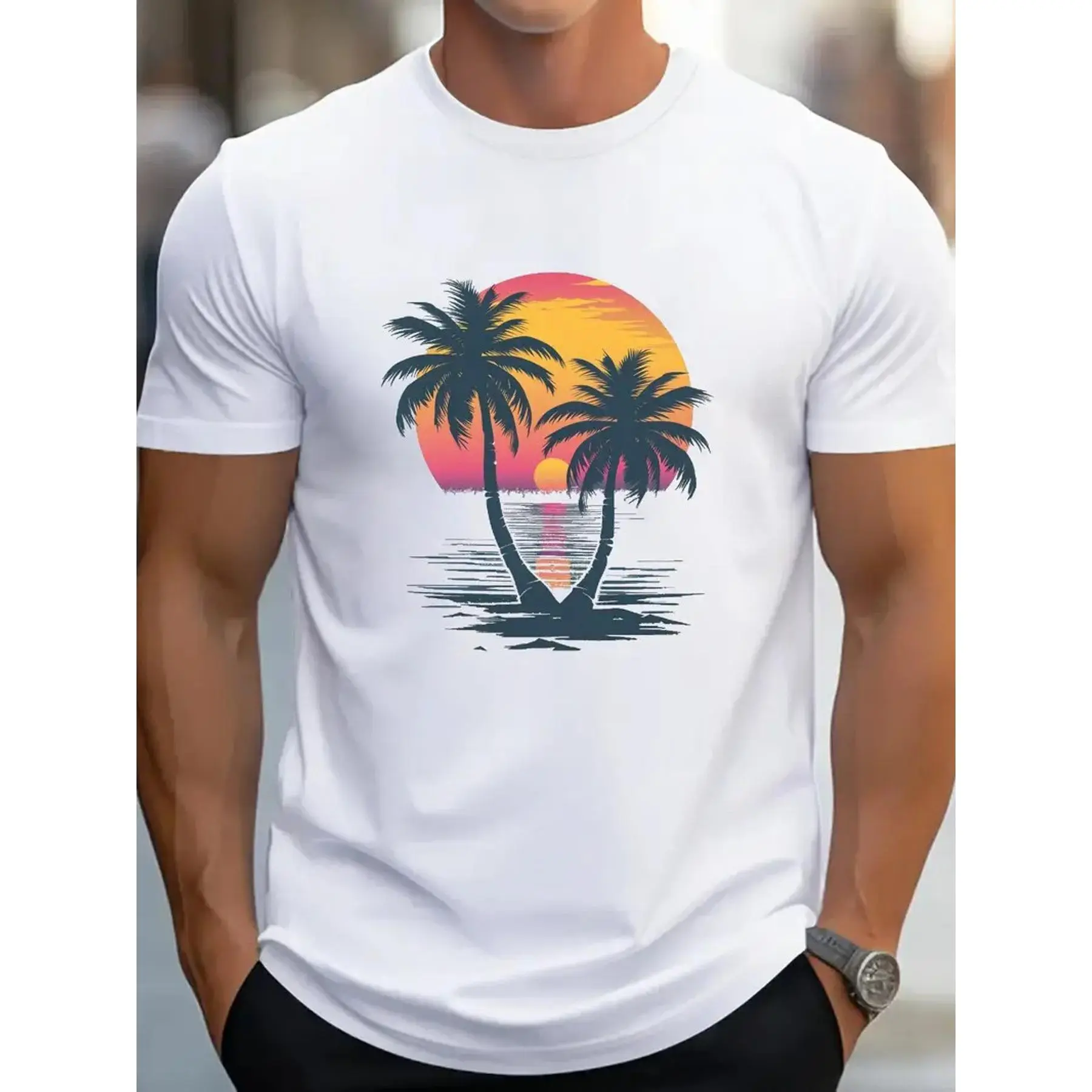 Men's Street Style Tropical Print T-Shirt, Regular Short Sleeve Crew Neck Pull On Casual Knit Top with a Loose Fit, Heat Print, Round Neck