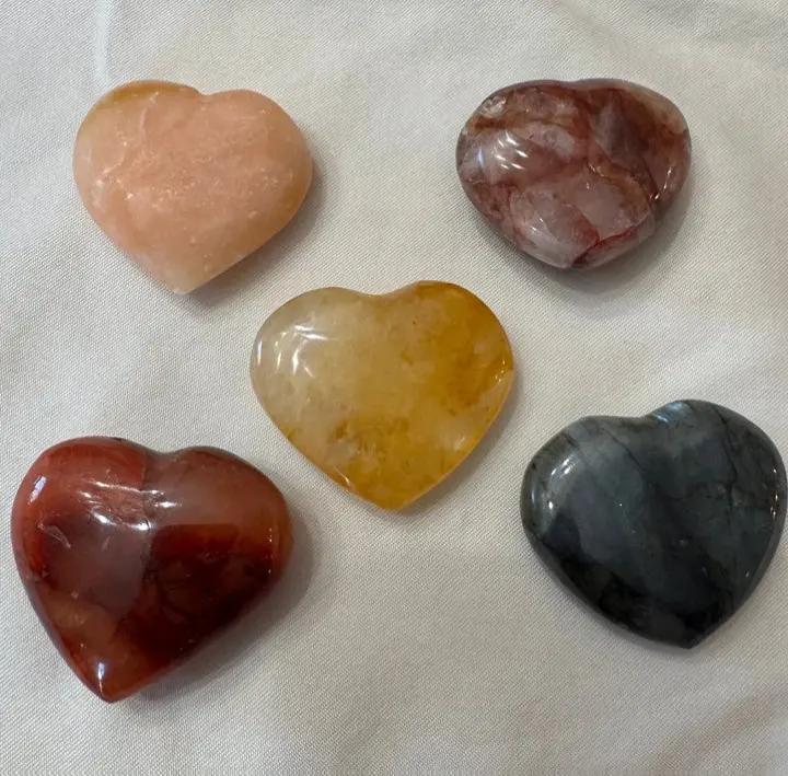 Crystal Heart Mixed Lot of 5 - Fire Agate Labradorite Golden Healer Orange Calcite Carnelian Healing Stones Intention Stone
