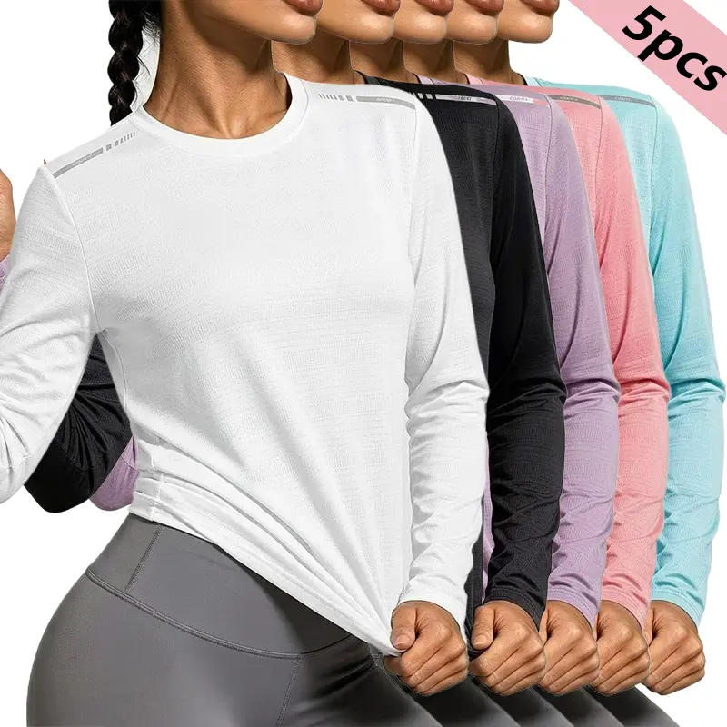 5PCS women’s quick-dry long-sleeve sports T-shirts, casual workout running tops, perfect for jogging, fitness, and leisure exercise