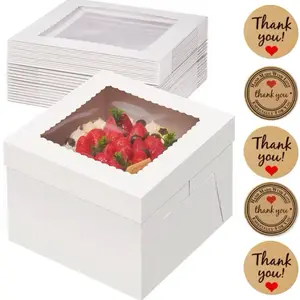 Cake Box with Clear Window for Easy Viewing Perfect for Desserts and Pastries White and Kraft Thank You Stickers Included .6pack