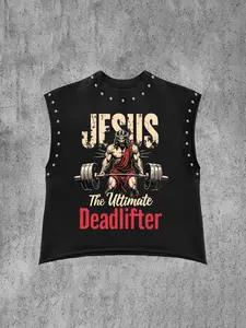 Men's Sleeveless Vest, Tank Top, Punk Rivet Design, Jesus Print, Casual & Gym Wear, Spring Summer Fashion, Comfortable Fit