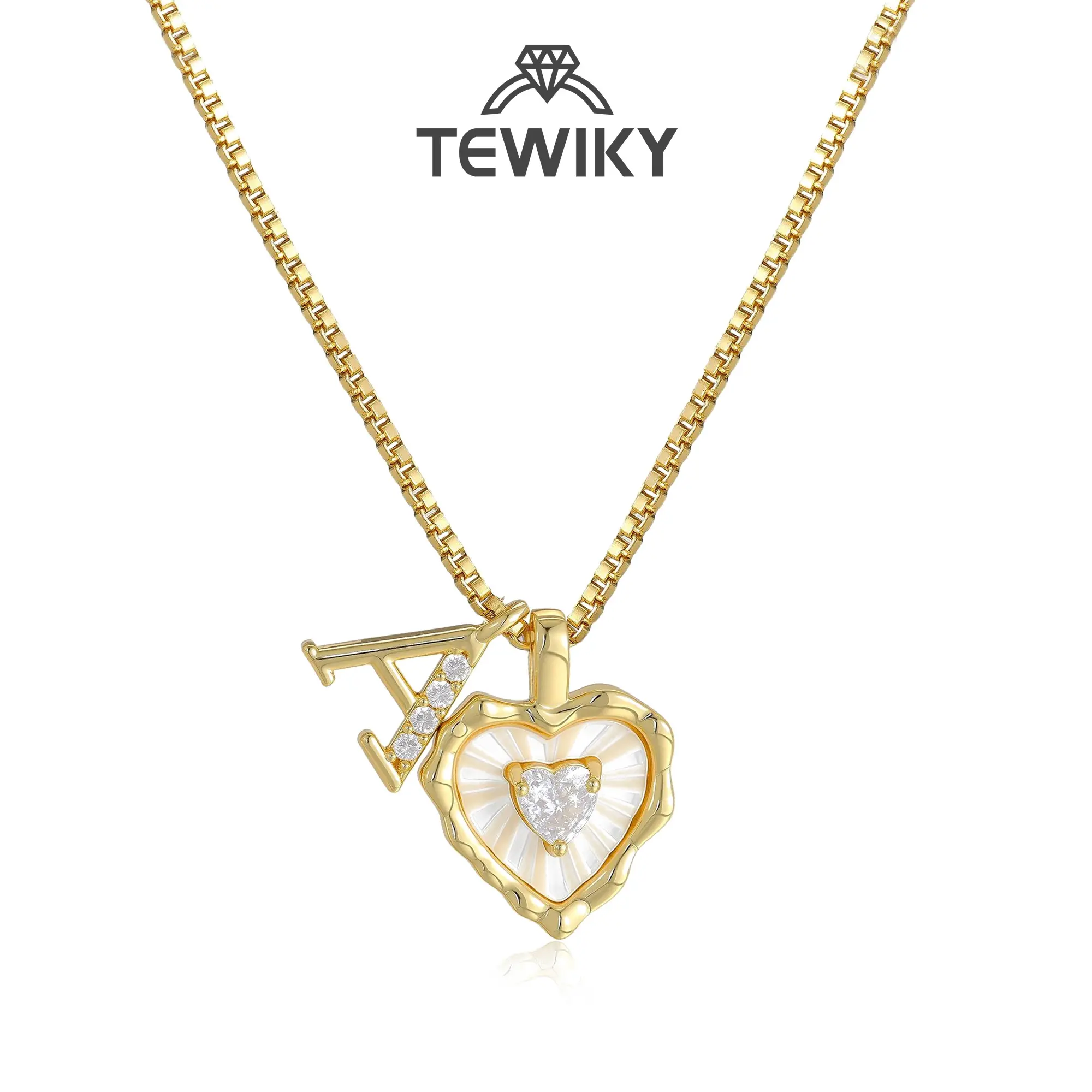 Tewiky Gold Box Chain Scalloped Shell Heart CZ Initial Necklace A–Z Micro Pave Letter Pendant For Valentine's Day gifts summerwins